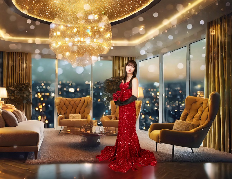 夜景が広がる高層マンションのラグジュアリーなリビングで、ドレス男子=ジョソンヌが赤いセクシーなドレスで華やかにポージング。プロのカメラマンが女装サロン「ベルマリ」で本人を撮影し、背景写真にはめ込み完成したメルヘン加工。