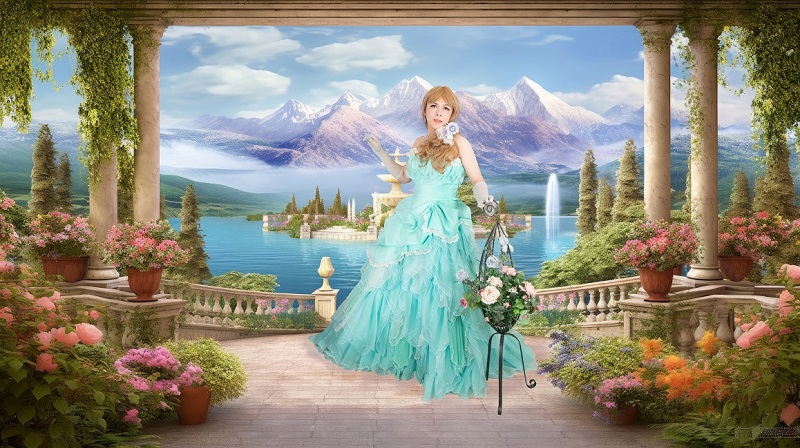 湖畔の幻想的な宮殿の庭園に水の妖精のようなフリフリドレスを着てたたずむドレス男子=ジョソンヌ。プロのカメラマンが女装サロン「ベルマリ」で本人を撮影し、背景写真にはめ込み完成したメルヘン加工。プロの手によるフォトレタッチ済み。